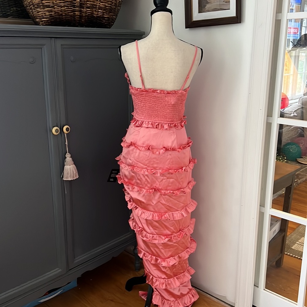 NWT Lulus Sincerely Fabulous Peach Pink Satin Smocked Ruffled Maxi Dress - Picture 7 of 7